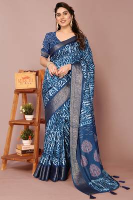 Dark rama blue silk blend batik print golden zari woven border saree with unstitched blouse piece 2