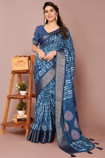 Dark rama blue silk blend batik print golden zari woven border saree with unstitched blouse piece