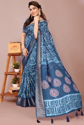 Dark rama blue silk blend batik print golden zari woven border saree with unstitched blouse piece 3