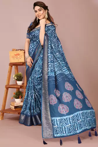Dark rama blue silk blend batik print golden zari woven border saree with unstitched blouse piece