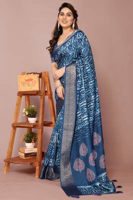 Dark rama blue silk blend batik print golden zari woven border saree with unstitched blouse piece 4