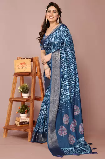 Dark rama blue silk blend batik print golden zari woven border saree with unstitched blouse piece