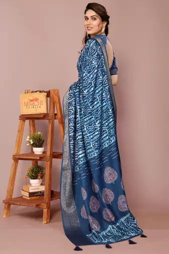 Dark rama blue silk blend batik print golden zari woven border saree with unstitched blouse piece
