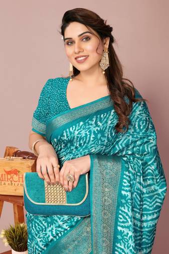 Teal silk blend batik print golden zari woven border saree with unstitched blouse piece