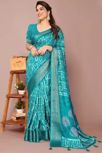 Teal silk blend batik print golden zari woven border saree with unstitched blouse piece