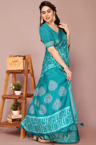 Teal silk blend batik print golden zari woven border saree with unstitched blouse piece