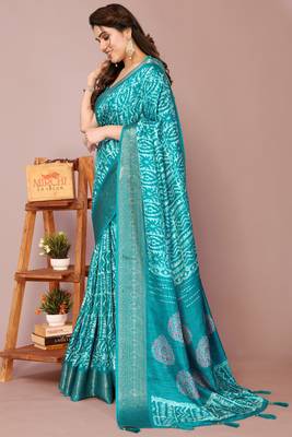 Teal silk blend batik print golden zari woven border saree with unstitched blouse piece 4