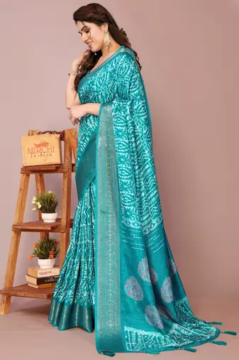 Teal silk blend batik print golden zari woven border saree with unstitched blouse piece