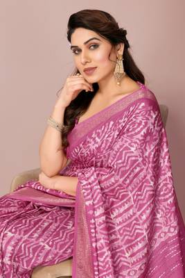 Pink silk blend batik print golden zari woven border saree with unstitched blouse piece 1