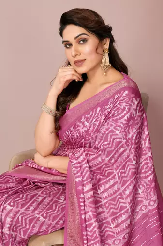 Pink silk blend batik print golden zari woven border saree with unstitched blouse piece