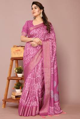 Pink silk blend batik print golden zari woven border saree with unstitched blouse piece 2