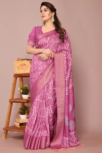 Pink silk blend batik print golden zari woven border saree with unstitched blouse piece
