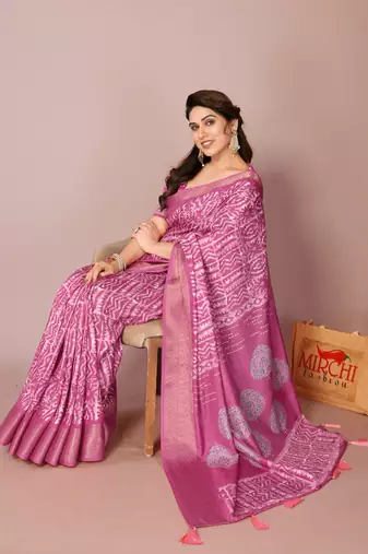 Pink silk blend batik print golden zari woven border saree with unstitched blouse piece