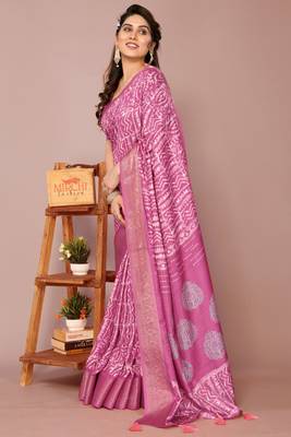 Pink silk blend batik print golden zari woven border saree with unstitched blouse piece 4