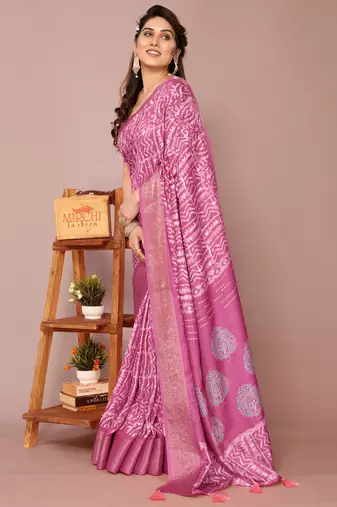 Pink silk blend batik print golden zari woven border saree with unstitched blouse piece
