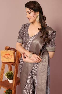 Dark dusty rose pink silk blend batik print golden zari woven border saree with unstitched blouse piece 1