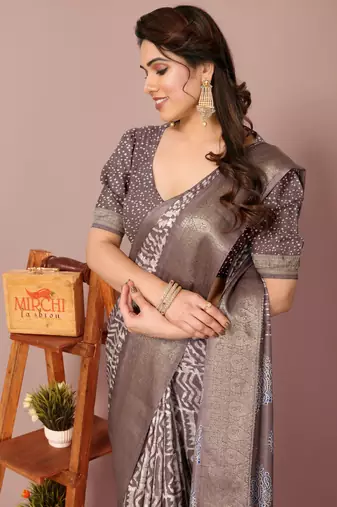 Dark dusty rose pink silk blend batik print golden zari woven border saree with unstitched blouse piece