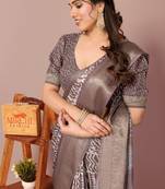 Dark dusty rose pink silk blend batik print golden zari woven border saree with unstitched blouse piece