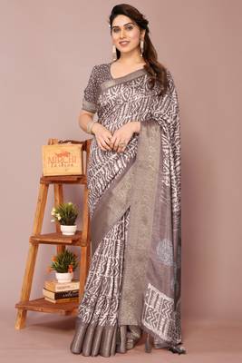 Dark dusty rose pink silk blend batik print golden zari woven border saree with unstitched blouse piece 2