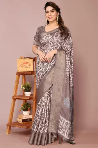 Dark dusty rose pink silk blend batik print golden zari woven border saree with unstitched blouse piece