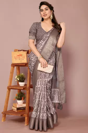 Dark dusty rose pink silk blend batik print golden zari woven border saree with unstitched blouse piece