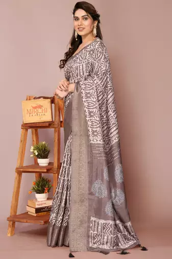 Dark dusty rose pink silk blend batik print golden zari woven border saree with unstitched blouse piece