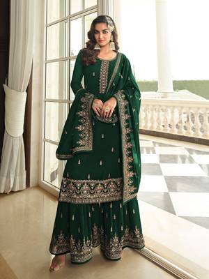 Green embroidered faux georgette semi stitched plazzo suit 1
