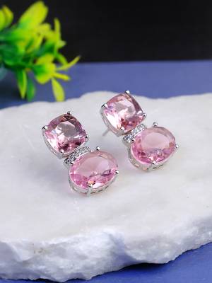 Women rhodium plated pink crystal stone studded earrings 1