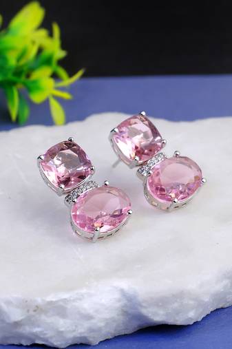 Women rhodium plated pink crystal stone studded earrings