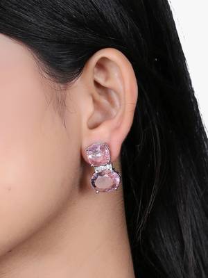 Women rhodium plated pink crystal stone studded earrings 2