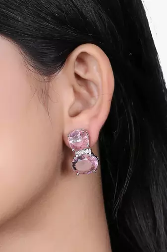 Women rhodium plated pink crystal stone studded earrings