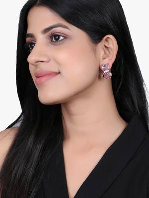 Women rhodium plated pink crystal stone studded earrings 5