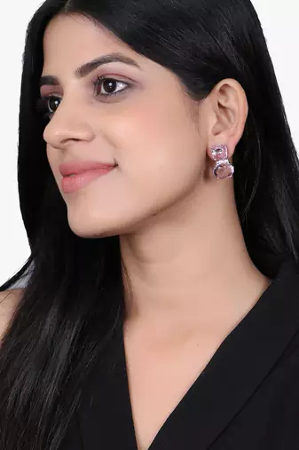 Women rhodium plated pink crystal stone studded earrings