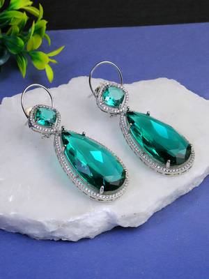 Women rhodium plated green stone studded earrings 1