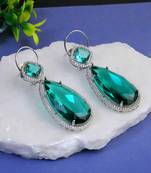 Women rhodium plated green stone studded earrings