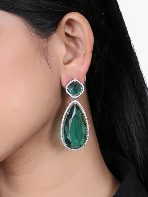 Women rhodium plated green stone studded earrings 2