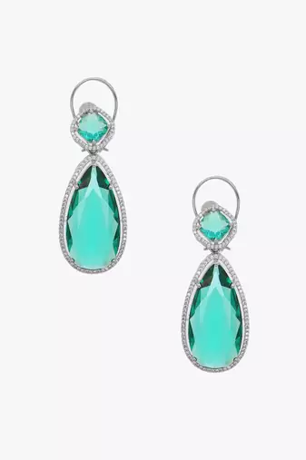 Women rhodium plated green stone studded earrings