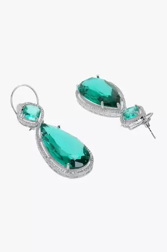 Women rhodium plated green stone studded earrings
