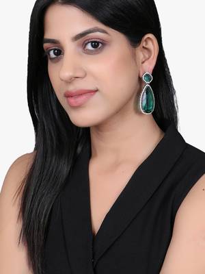 Women rhodium plated green stone studded earrings 5