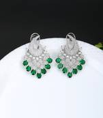 Women rhodium-plated emerald stone studded drop earrings