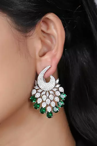 Women rhodium-plated emerald stone studded drop earrings