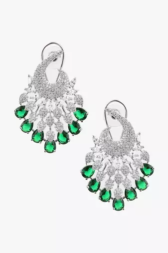 Women rhodium-plated emerald stone studded drop earrings