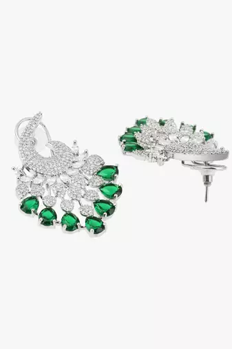 Women rhodium-plated emerald stone studded drop earrings