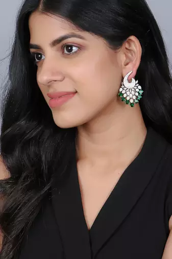 Women rhodium-plated emerald stone studded drop earrings