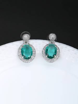 Women rhodium-plated emerald stone studded drop earrings 1