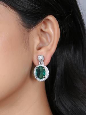 Women rhodium-plated emerald stone studded drop earrings 2