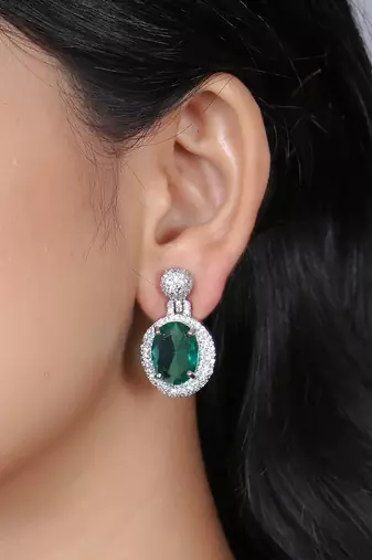 Women rhodium-plated emerald stone studded drop earrings