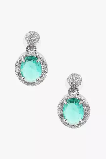 Women rhodium-plated emerald stone studded drop earrings