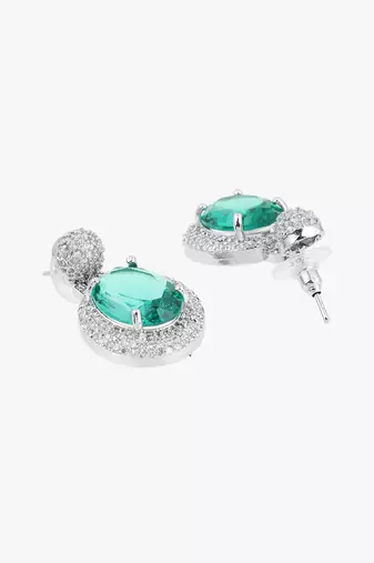 Women rhodium-plated emerald stone studded drop earrings