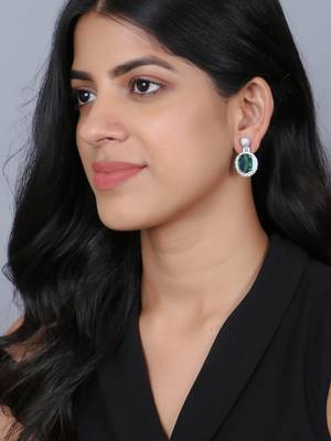 Women rhodium-plated emerald stone studded drop earrings 5